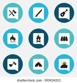 Set Of 9 Editable Travel Icons. Includes Symbols Such As Ax, Tepee, Pine And More. Can Be Used For Web, Mobile, UI And Infographic Design.
