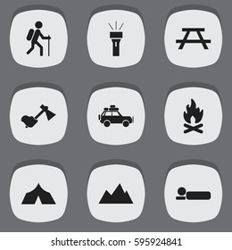 Set Of 9 Editable Travel Icons. Includes Symbols Such As Gait, Ax, Peak And More. Can Be Used For Web, Mobile, UI And Infographic Design.