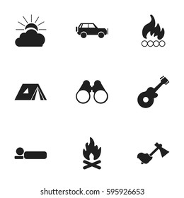 Set Of 9 Editable Travel Icons. Includes Symbols Such As Shelter, Blaze, Ax And More. Can Be Used For Web, Mobile, UI And Infographic Design.
