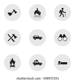 Set Of 9 Editable Travel Icons. Includes Symbols Such As Ax, Tomahawk, Voyage Car And More. Can Be Used For Web, Mobile, UI And Infographic Design.