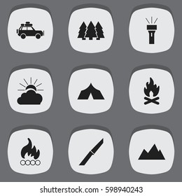 Set Of 9 Editable Travel Icons. Includes Symbols Such As Pine, Lantern, Sunrise And More. Can Be Used For Web, Mobile, UI And Infographic Design.