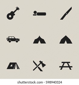 Set Of 9 Editable Travel Icons. Includes Symbols Such As Knife, Musical Instrument, Shelter And More. Can Be Used For Web, Mobile, UI And Infographic Design.
