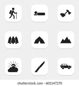 Set Of 9 Editable Travel Icons. Includes Symbols Such As Sport Vehicle, Ax, Gait And More. Can Be Used For Web, Mobile, UI And Infographic Design.