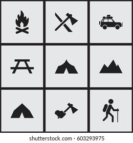 Set Of 9 Editable Travel Icons. Includes Symbols Such As Gait, Tepee, Refuge And More. Can Be Used For Web, Mobile, UI And Infographic Design.