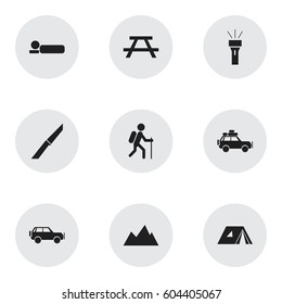 Set Of 9 Editable Travel Icons. Includes Symbols Such As Knife, Peak, Gait And More. Can Be Used For Web, Mobile, UI And Infographic Design.