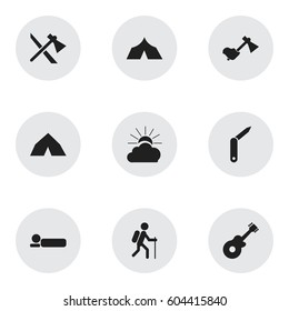 Set Of 9 Editable Travel Icons. Includes Symbols Such As Gait, Bedroll, Refuge And More. Can Be Used For Web, Mobile, UI And Infographic Design.