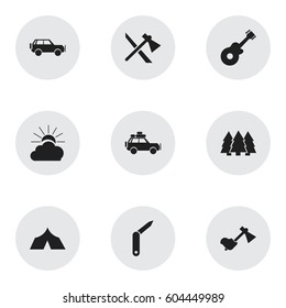 Set Of 9 Editable Travel Icons. Includes Symbols Such As Voyage Car, Sport Vehicle, Ax And More. Can Be Used For Web, Mobile, UI And Infographic Design.