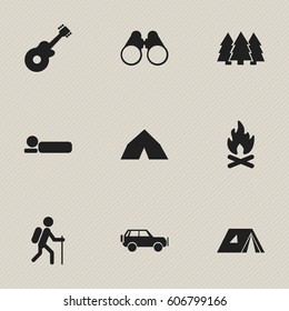 Set Of 9 Editable Travel Icons. Includes Symbols Such As Fever, Field Glasses, Pine And More. Can Be Used For Web, Mobile, UI And Infographic Design.