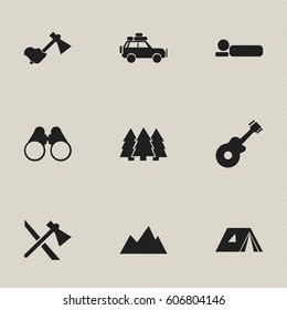 Set Of 9 Editable Travel Icons. Includes Symbols Such As Tomahawk, Shelter, Voyage Car And More. Can Be Used For Web, Mobile, UI And Infographic Design.
