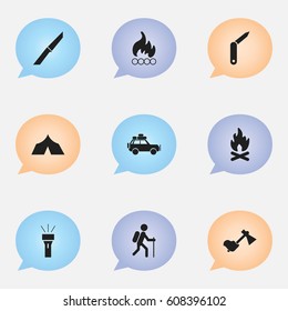 Set Of 9 Editable Travel Icons. Includes Symbols Such As Ax, Blaze, Clasp-Knife And More. Can Be Used For Web, Mobile, UI And Infographic Design.