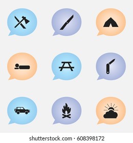 Set Of 9 Editable Travel Icons. Includes Symbols Such As Sport Vehicle, Bedroll, Clasp-Knife And More. Can Be Used For Web, Mobile, UI And Infographic Design.