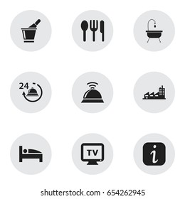 Set Of 9 Editable Travel Icons. Includes Symbols Such As Service Bell, Champagne, Bearings And More. Can Be Used For Web, Mobile, UI And Infographic Design.