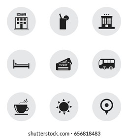 Set Of 9 Editable Travel Icons. Includes Symbols Such As Solar, Lemonade, Cup And More. Can Be Used For Web, Mobile, UI And Infographic Design.