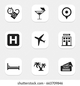 Set Of 9 Editable Travel Icons. Includes Symbols Such As Coupon, Helipad, Tree And More. Can Be Used For Web, Mobile, UI And Infographic Design.