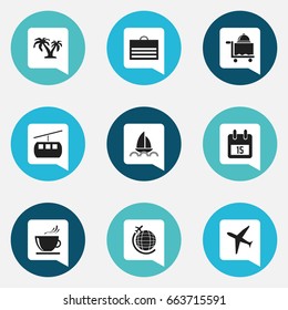 Set Of 9 Editable Travel Icons. Includes Symbols Such As Cableway, Trading Purse, Yacht And More. Can Be Used For Web, Mobile, UI And Infographic Design.