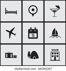 Set Of 9 Editable Travel Icons. Includes Symbols Such As Date Block, Mattress, Aircraft And More. Can Be Used For Web, Mobile, UI And Infographic Design.