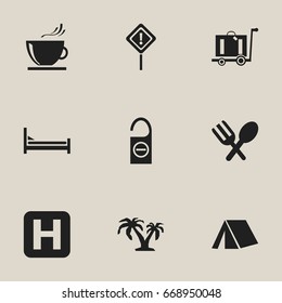 Set Of 9 Editable Travel Icons. Includes Symbols Such As Do Not Disturb, Tent, Helipad And More. Can Be Used For Web, Mobile, UI And Infographic Design.