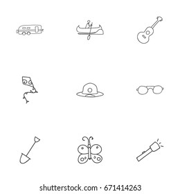Set Of 9 Editable Travel Icons. Includes Symbols Such As Boat, Beauty Insect, Flashlight And More. Can Be Used For Web, Mobile, UI And Infographic Design.