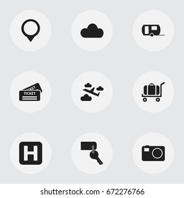 Set Of 9 Editable Travel Icons. Includes Symbols Such As Pin, Aviation, Overcast And More. Can Be Used For Web, Mobile, UI And Infographic Design.