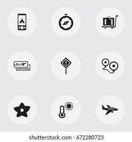 Set Of 9 Editable Travel Icons. Includes Symbols Such As Plane, Telephone, Boarding Pass And More. Can Be Used For Web, Mobile, UI And Infographic Design.