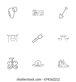 Set Of 9 Editable Travel Icons. Includes Symbols Such As Beach Hat, Caravan, Carabine And More. Can Be Used For Web, Mobile, UI And Infographic Design.