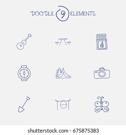 Set Of 9 Editable Travel Icons. Includes Symbols Such As Campfire Cooking, Flammable Stick, Camp House And More. Can Be Used For Web, Mobile, UI And Infographic Design.