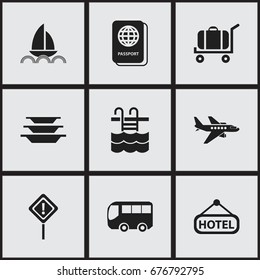 Set Of 9 Editable Travel Icons. Includes Symbols Such As Signboard, Motorbus, Basin And More. Can Be Used For Web, Mobile, UI And Infographic Design.