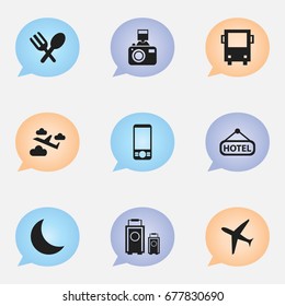 Set Of 9 Editable Travel Icons. Includes Symbols Such As Cutlery, Crescent, Luggage And More. Can Be Used For Web, Mobile, UI And Infographic Design.