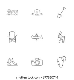 Set Of 9 Editable Travel Icons. Includes Symbols Such As Caravan, Hiker, Shovel And More. Can Be Used For Web, Mobile, UI And Infographic Design.