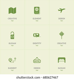 Set Of 9 Editable Travel Icons. Includes Symbols Such As Signboard, Caravan, Gps And More. Can Be Used For Web, Mobile, UI And Infographic Design.