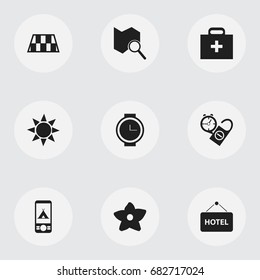 Set Of 9 Editable Travel Icons. Includes Symbols Such As Position Search, Welcome Board, Barrier And More. Can Be Used For Web, Mobile, UI And Infographic Design.