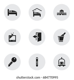 Set Of 9 Editable Travel Icons. Includes Symbols Such As Champagne, Bedroom, Townhouse And More. Can Be Used For Web, Mobile, UI And Infographic Design.