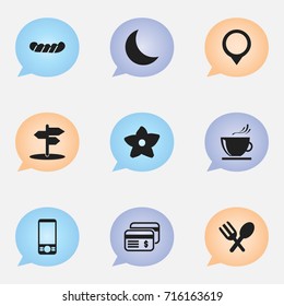 Set Of 9 Editable Travel Icons. Includes Symbols Such As Plastic Money, Crescent, Cutlery And More. Can Be Used For Web, Mobile, UI And Infographic Design.