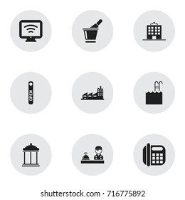 Set Of 9 Editable Travel Icons. Includes Symbols Such As Champagne, Pool, Wireless Tv And More. Can Be Used For Web, Mobile, UI And Infographic Design.