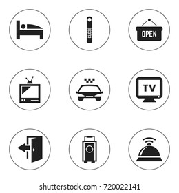 Set Of 9 Editable Travel Icons. Includes Symbols Such As Opened Placard, Outlet, Baggage And More. Can Be Used For Web, Mobile, UI And Infographic Design.