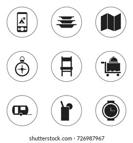 Set Of 9 Editable Travel Icons. Includes Symbols Such As Wristwatch, Pamphlet, Room Service And More. Can Be Used For Web, Mobile, UI And Infographic Design.
