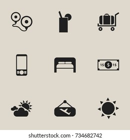 Set Of 9 Editable Travel Icons. Includes Symbols Such As Lemonade, Mobile Phone, Cloudy Day And More. Can Be Used For Web, Mobile, UI And Infographic Design.