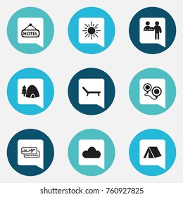Set Of 9 Editable Travel Icons. Includes Symbols Such As Tabernacle, Map, Registration And More. Can Be Used For Web, Mobile, UI And Infographic Design.