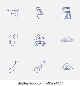 Set Of 9 Editable Trip Doodles. Includes Symbols Such As Shovel, Campfire Cooking, Flying Toy And More. Can Be Used For Web, Mobile, UI And Infographic Design.