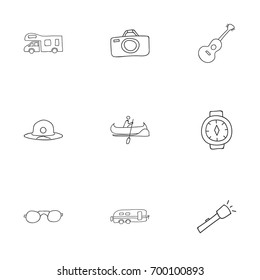 Set Of 9 Editable Trip Doodles. Includes Symbols Such As Camper, Wrist Clock, Caravan And More. Can Be Used For Web, Mobile, UI And Infographic Design.