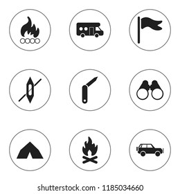 Set of 9 editable trip icons. Includes symbols such as flag, flame, ship and more. Can be used for web, mobile, UI and infographic design.