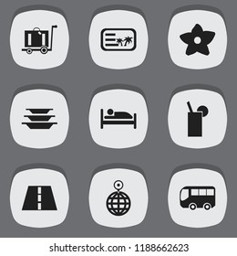 Set of 9 editable trip icons. Includes symbols such as postcard, plates, flower and more. Can be used for web, mobile, UI and infographic design.