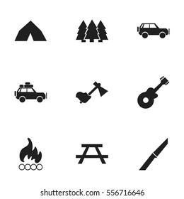 Set Of 9 Editable Trip Icons. Includes Symbols Such As Pine, Blaze, Sport Vehicle And More. Can Be Used For Web, Mobile, UI And Infographic Design.