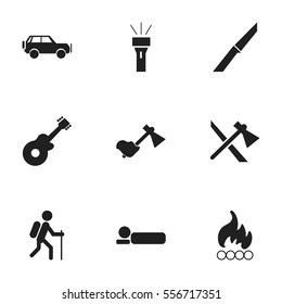 Set Of 9 Editable Trip Icons. Includes Symbols Such As Gait, Bedroll, Ax And More. Can Be Used For Web, Mobile, UI And Infographic Design.