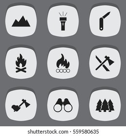 Set Of 9 Editable Trip Icons. Includes Symbols Such As Clasp-Knife, Field Glasses, Pine And More. Can Be Used For Web, Mobile, UI And Infographic Design.