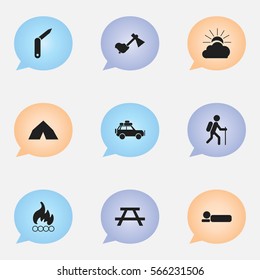 Set Of 9 Editable Trip Icons. Includes Symbols Such As Voyage Car, Clasp-Knife, Sunrise And More. Can Be Used For Web, Mobile, UI And Infographic Design.