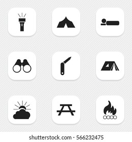 Set Of 9 Editable Trip Icons. Includes Symbols Such As Desk, Lantern, Sunrise And More. Can Be Used For Web, Mobile, UI And Infographic Design.