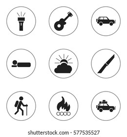 Set Of 9 Editable Trip Icons. Includes Symbols Such As Musical Instrument, Sunrise, Lantern And More. Can Be Used For Web, Mobile, UI And Infographic Design.