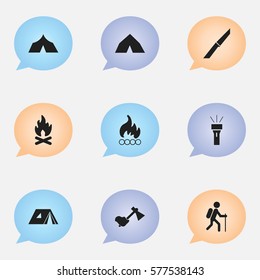 Set Of 9 Editable Trip Icons. Includes Symbols Such As Gait, Lantern, Fever And More. Can Be Used For Web, Mobile, UI And Infographic Design.