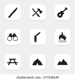 Set Of 9 Editable Trip Icons. Includes Symbols Such As Blaze, Clasp-Knife, Knife And More. Can Be Used For Web, Mobile, UI And Infographic Design.